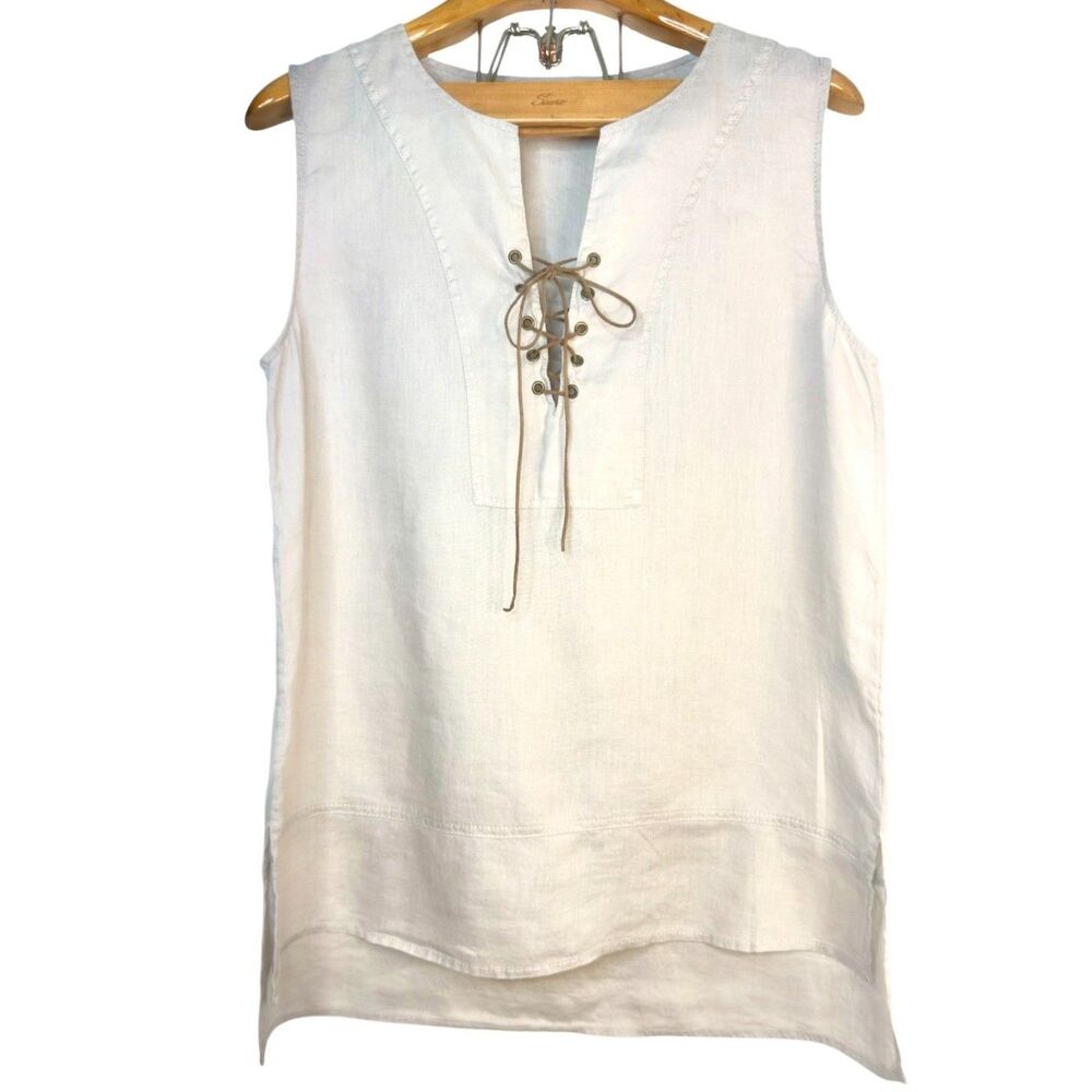 Artisan New York Boho Lace Up 100% Linen Sleeveless Blouse Size: L